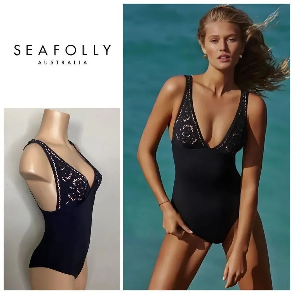 New. Seafolly's Embroidered V Neck One Piece. Size 6. Retails $179